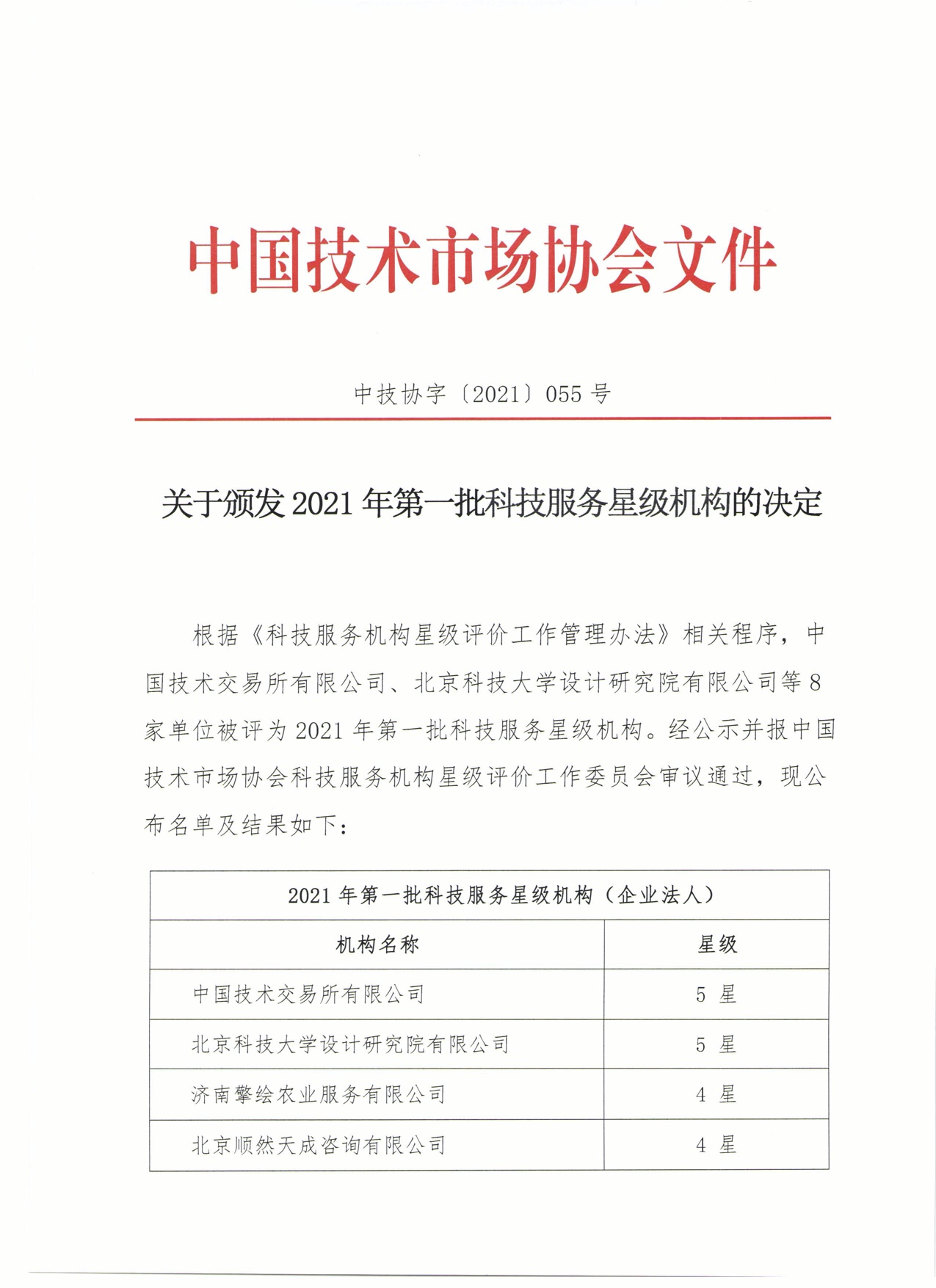 关于颁发2021年第一批科技服务星级机构的决定